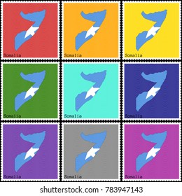Vector illustration of a set of postage stamps with a background of nine different colors with the silhouette of Somalia  painted in colors of the national flag of Somalia with the effect of offset