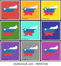 Vector illustration of a set of postage stamps with a background of nine different colors with the silhouette of Slovenia  painted in colors of the national flag of Slovenia with the effect of offset
