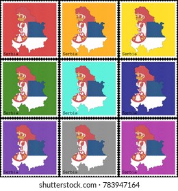 Vector illustration of a set of postage stamps with a background of nine different colors with the silhouette of Serbia  painted in colors of the national flag of Serbia with the effect of offset
