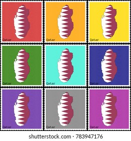 Vector illustration of a set of postage stamps with a background of nine different colors with the silhouette of Qatar  painted in colors of the national flag of Qatar with the effect of offset