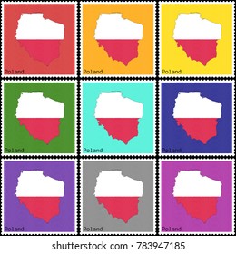 Vector illustration of a set of postage stamps with a background of nine different colors with the silhouette of Poland  painted in colors of the national flag of Poland with the effect of offset
