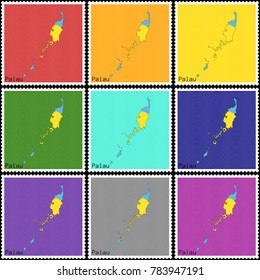 Vector illustration of a set of postage stamps with a background of nine different colors with the silhouette of Palau  painted in colors of the national flag of Palau with the effect of offset