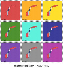 Vector illustration of a set of postage stamps with a background of nine different colors with the silhouette of Norway  painted in colors of the national flag of Norway with the effect of offset