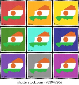 Vector illustration of a set of postage stamps with a background of nine different colors with the silhouette of Niger  painted in colors of the national flag of Niger with the effect of offset
