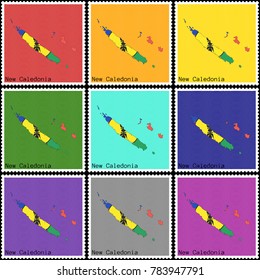 Vector illustration of a set of postage stamps with a background of nine different colors with the silhouette of New Caledonia  painted in colors of the national flag of New Caledonia 