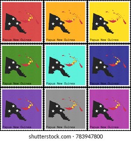 Vector illustration of a set of postage stamps with a background of nine different colors with the silhouette of Papua New Guinea  painted in colors of the national flag of Papua New Guinea 