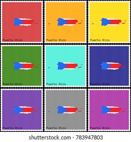 Vector illustration of a set of postage stamps with a background of nine different colors with the silhouette of Puerto Rico  painted in colors of the national flag of Puerto Rico with offset effect