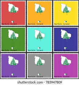 Vector illustration of a set of postage stamps with a background of nine different colors with the silhouette of Norfolk Island  painted in colors of the national flag of Norfolk Island 