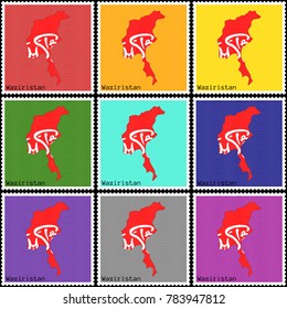 Vector illustration of a set of postage stamps with a background of nine different colors with the silhouette of Waziristan  painted in colors of the national flag of Waziristan with the offset effect