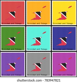 Vector illustration of a set of postage stamps with a background of nine different colors with the silhouette of Trinidad and Tobago  painted in colors of the national flag of Trinidad and Tobago 