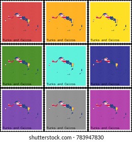 Vector illustration of a set of postage stamps with a background of nine different colors with the silhouette of Turks and Caicos  painted in colors of the national flag of Turks and Caicos 