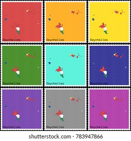 Vector illustration of a set of postage stamps with a background of nine different colors with the silhouette of Seychelles  painted in colors of the national flag of Seychelles with offset effect