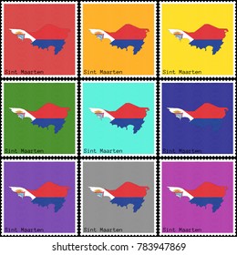 Vector illustration of a set of postage stamps with a background of nine different colors with the silhouette of Sint Maarten  painted in colors of the national flag of Sint Maarten with offset effect