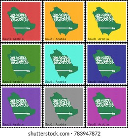 Vector illustration of a set of postage stamps with a background of nine different colors with the silhouette of Saudi Arabia  painted in colors of the national flag of Saudi Arabia with offset effect