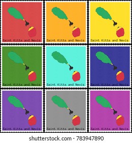 Vector illustration of a set of postage stamps with a background of nine different colors with the silhouette of Saint Kitts and Nevis  painted in colors of the national flag of Saint Kitts and Nevis