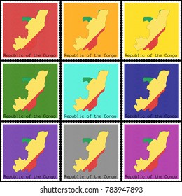 Vector illustration of a set of postage stamps with a background of nine different colors with the silhouette of Republic of the Congo  painted in colors of the national flag of Republic of the Congo