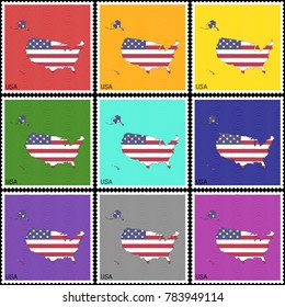 Vector illustration of a set of postage stamps with a background of nine different colors with the silhouette of USA painted in colors of the national flag of USA
