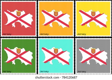 Vector illustration of a set of postage stamps with a background of different colors with the silhouette of Jersey  painted in colors of the national flag of Jersey with the effect of offset