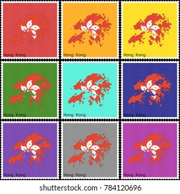 Vector illustration of a set of postage stamps with a background of different colors with the silhouette of Hong Kong  painted in colors of the national flag of Hong Kong with the effect of offset
