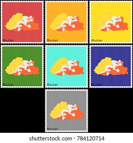 Vector illustration of a set of postage stamps with a background of different colors with the silhouette of Bhutan  painted in colors of the national flag of Bhutan with the effect of offset