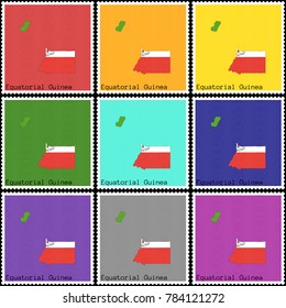 Vector illustration of a set of postage stamps with a background of different colors with the silhouette of Equatorial Guinea  painted in colors of the national flag of Equatorial Guinea