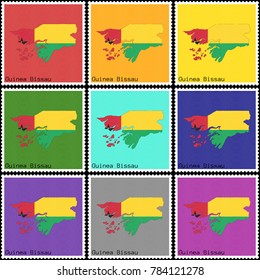 Vector illustration of a set of postage stamps with a background of different colors with the silhouette of Guinea Bissau  painted in colors of the national flag of Guinea Bissau with offset effect