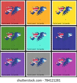 Vector illustration of a set of postage stamps with a background of different colors with the silhouette of Falkland Islands  painted in colors of the national flag of Falkland Islands 