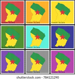 Vector illustration of a set of postage stamps with a background of different colors with the silhouette of French Guiana  painted in colors of the national flag of French Guiana with offset effect
