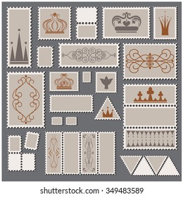 Vector illustration of a set of postal stamps - royal crown and filigree decorations theme - for your arts and design