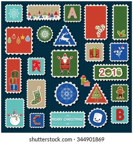 Vector illustration of a set of postcard stamps for Christmas and New Year celebrations