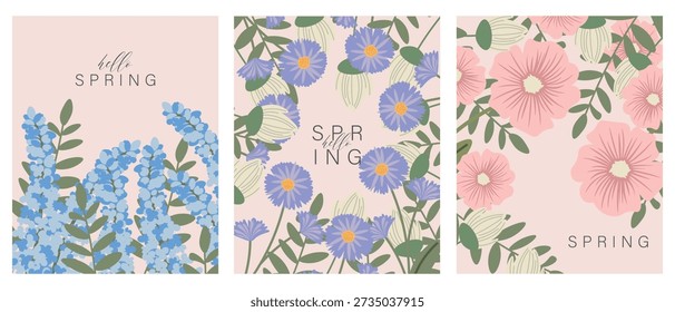 Vector illustration. Set of postcards, covers, posters, and banners. Mother's Day, hello spring, spring flowers.