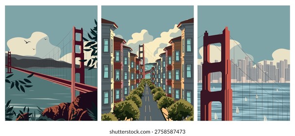 Vector illustration. Set of postcards, covers, banners, and posters. San Francisco, California.