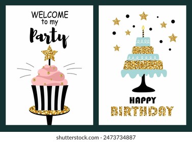 Ilustración vectorial. Juego de postales de feliz cumpleaños. Imagen de pastel de cumpleaños.