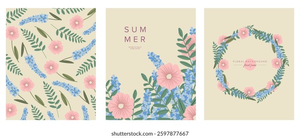 Vector illustration. Set of postcards, spring cards, flowers, hello summer. Modern design. Collection, posters, banners.