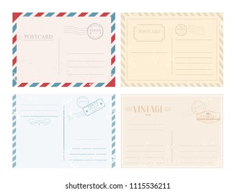 Vector illustration set of postcards with stamps in vintage retro design in pastel colors on white background.