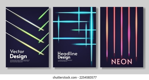 Vector illustration. Set of poster. Dark backdrop with bright lines. Neon design for poster, banner, cover.