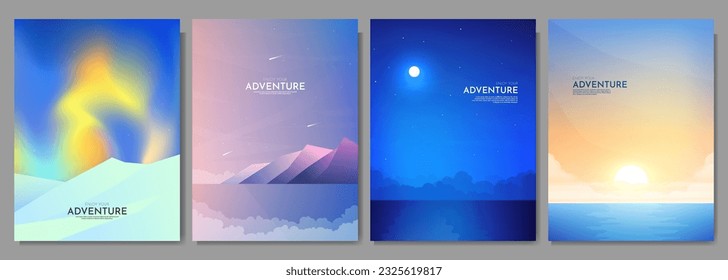 Vector illustration. A set of poster landscapes. Geometric minimalist flat style. Aurora borealis, evening by water, night with moon reflection in water, sunset by river. Design for cover, layout