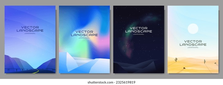 Ilustración vectorial. Un conjunto de paisajes con afiches. Estilo plano geométrico minimalista. Ruta de montaña, cielo de luces del norte, escena nocturna, día de verano del desierto. Elementos de diseño para portada, folleto, revista