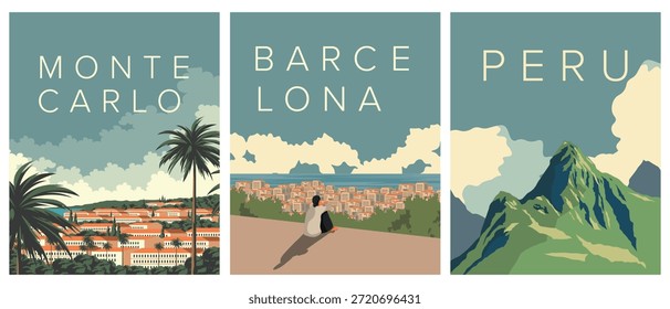 Ilustración vectorial. Conjunto de carteles: Argentina, España, Italia. Diseño moderno. Carteles, postales, Anuncios. Turismo.