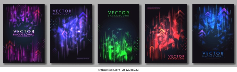 Vector illustration. Set of posters with aurora lights and dark background. Design for poster, wallpaper, banner, postcard, book, brochure.