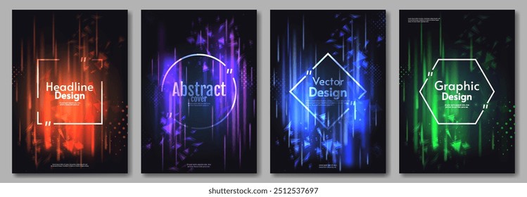 Ilustración vectorial. Conjunto de carteles con luces de aurora y fondo oscuro. Diseño para cartel, Fondo de pantalla, Anuncio, postal, libro, folleto.