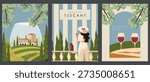 Vector illustration. Set of posters, banners, postcards, and covers. Retro style. Italy, winery, Tuscany.