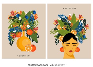 Ilustración vectorial. Conjunto de afiches, banners, diseño para postales. Estilo hawaiano. Hojas de palma, flores tropicales, cítricos. Chica hawaiana. Vase con flores. Diseño para embalaje.