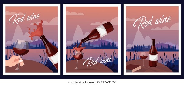 Vector illustration. Set of posters, banners red wine. Background for advertising, alcoholic drinks.