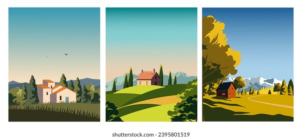 Ilustración vectorial. Juego de afiches, banners, tarjetas. Turismo. viaje, naturaleza, casa. Diseño para empaque, impresiones. Colección de carteles de viaje.