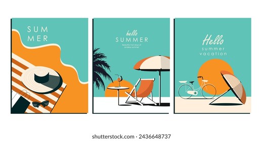 Vector illustration. Set of posters, banners, cards, covers. Hello summer. Retro style. Collection of designs.