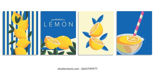 Vector illustration. Set of posters, banners, postcards, covers. Lemons, citruses. Modern design. Food and drinks. Lemons on a blue background.