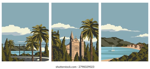 Vector illustration. Set of posters, banners, and postcards. Mallorca.