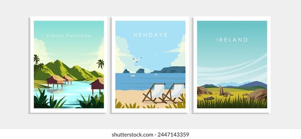 Vector illustration. Set of posters, cards, banners, covers. French Polynesia, Ireland. Tourism.