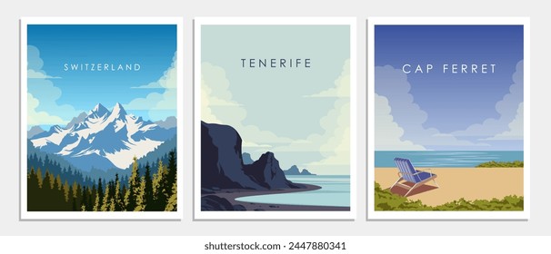 Vector illustration. Set of posters, cards, travel banners. Posters on the wall. Switzerland, Spain, England, France. Modern design. Tourism.